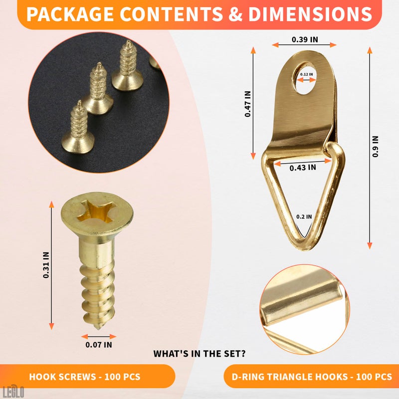 LEGLO D-Ring Triangle Hooks for Hanging Picture - 100Pcs Small Decorative Hooks with Screws Picture Hanging Hooks Home Improvement Wall Hook Picture Frame Hanger - Golden Heavy Duty Picture Hangers - Image 2